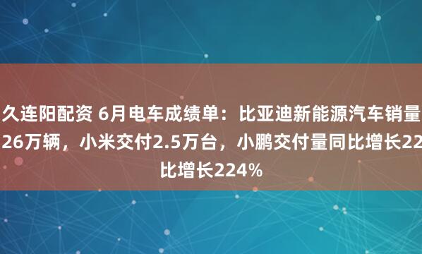 久连阳配资 6月电车成绩单：比亚迪新能源汽车销量38.26万辆，小米交付2.5万台，小鹏交付量同比增长224%
